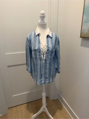Island Company 100% Linen Blue & White Pirate Lace Up Top Small tunic nautical